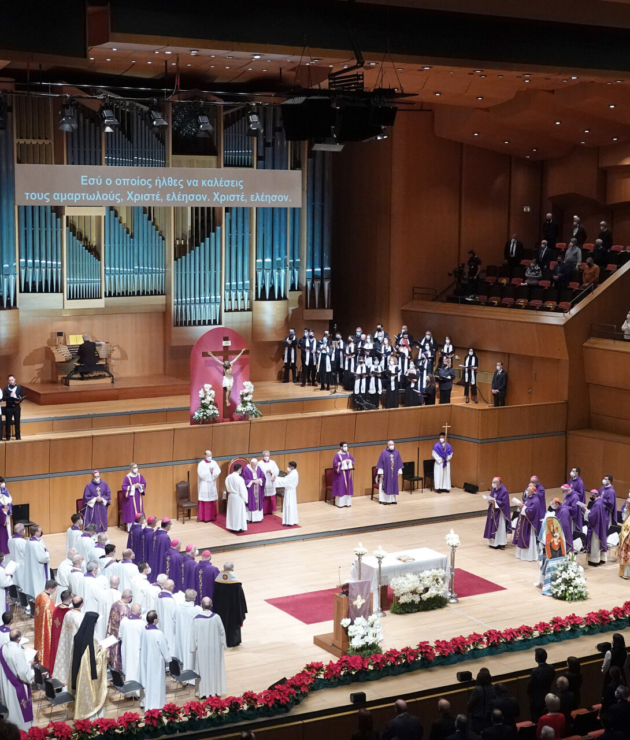 Pope Francis presides over Mass with the Catholic community at Megaron the Athens Concert Hall